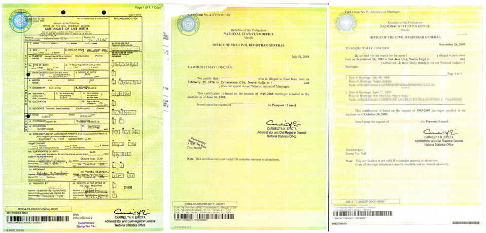 フィリピン出生証明書・独身証明書・婚姻履歴証明書